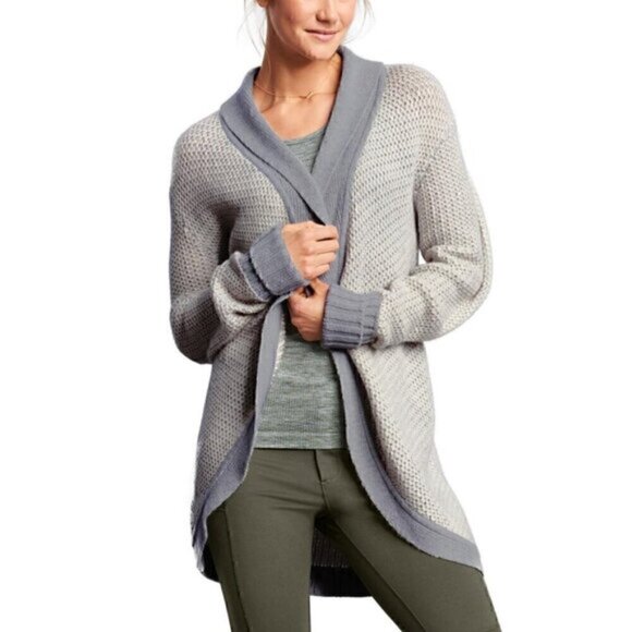 ATHLETA Sierra Wrap Cream Ivory Grey Striped Open WOOL CASHMERE Cardigan Sweater - Picture 3 of 16